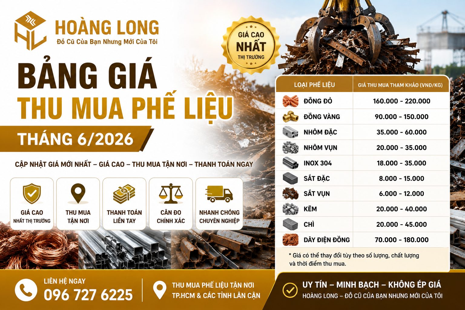 bảng giá thu mua phế liệu mới nhất tại Hoàng Long